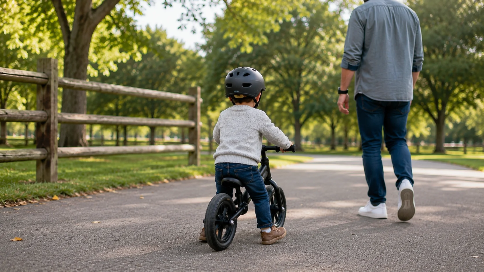 Criança usando bicicleta infantil sem pedal em um parque com acompanhamento de um adulto.