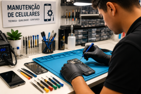 Técnico realizando manutenção em celular sobre bancada com ferramentas de precisão.